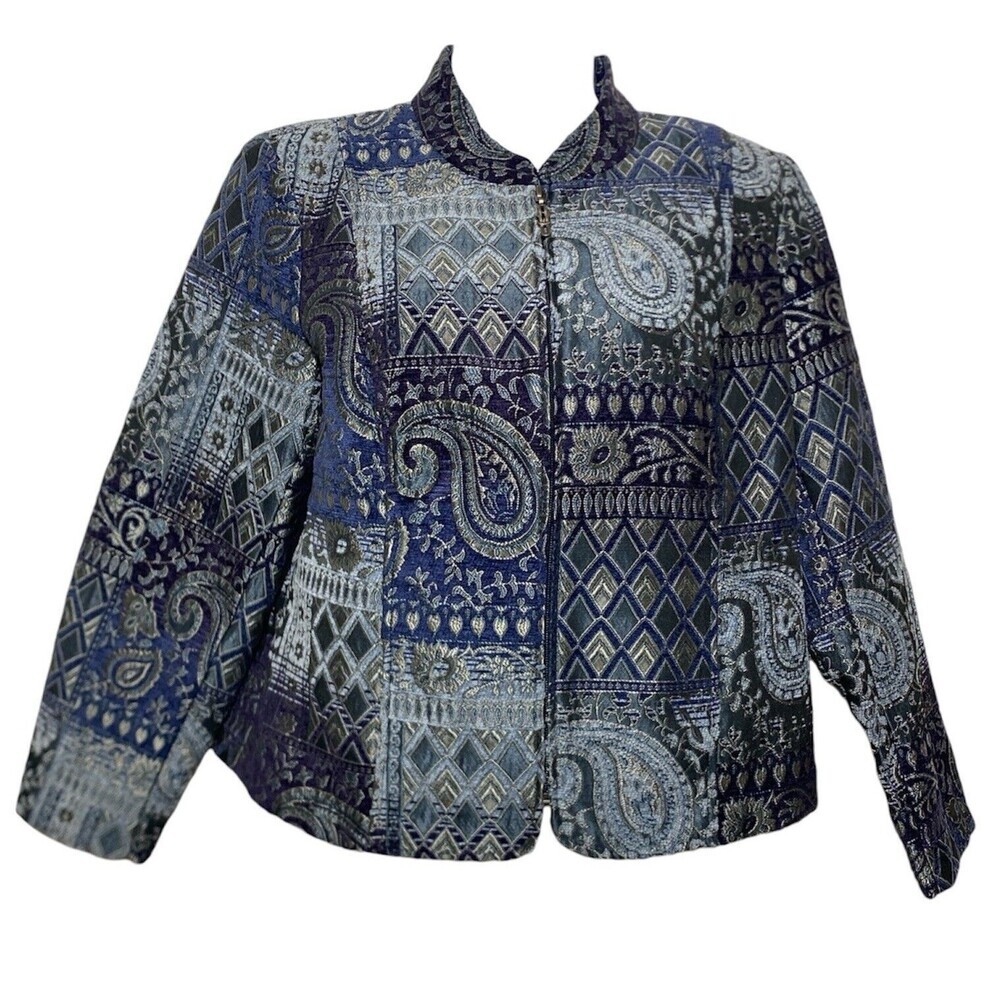 Molly Maxx Jacket Women Size Large Petite Blue Tapestry Paisley Full Zip NEW
